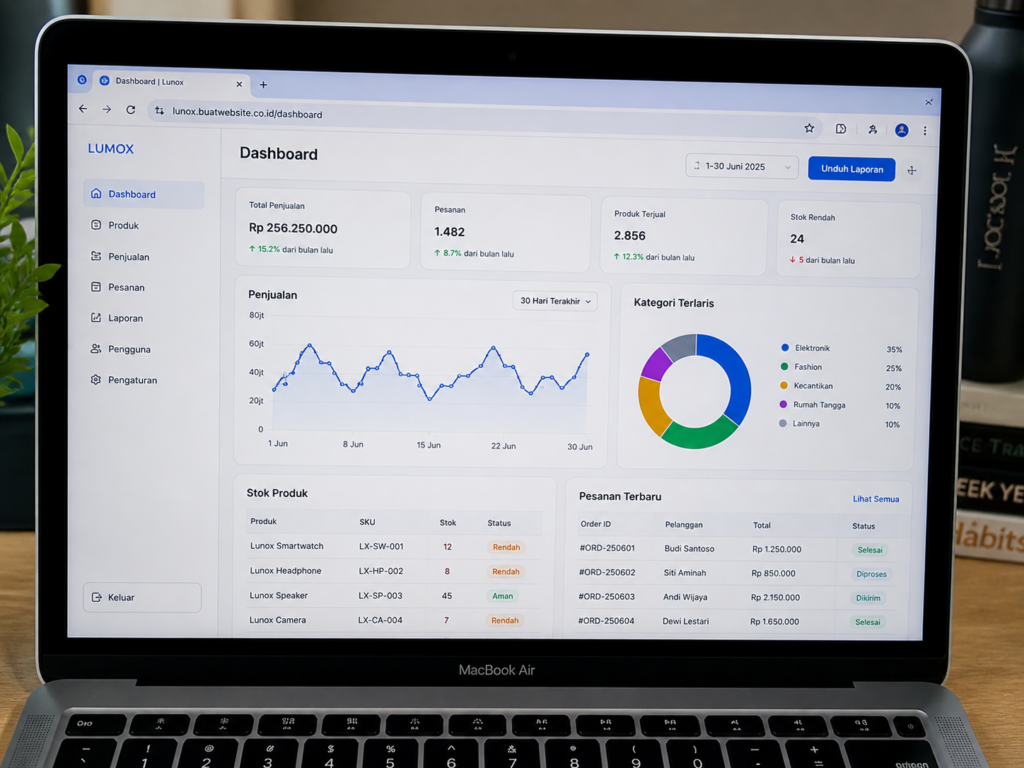 Layar laptop menampilkan grafik analisis data untuk optimasi stok barang