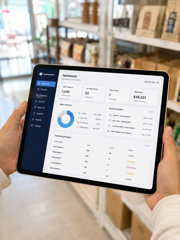 Tampilan dashboard aplikasi manajemen stok untuk operasional bisnis