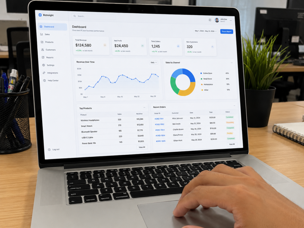 Tampilan layar dashboard sistem informasi manajemen di monitor laptop