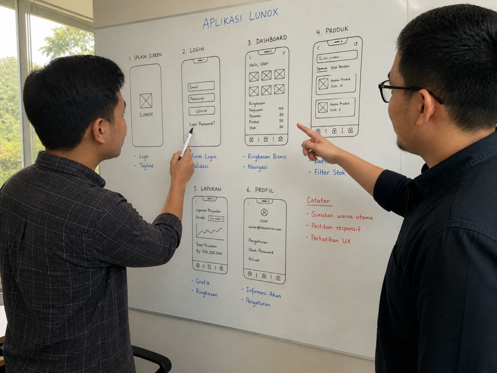 Dua orang sedang bekerja sama menyusun wireframe aplikasi di papan tulis