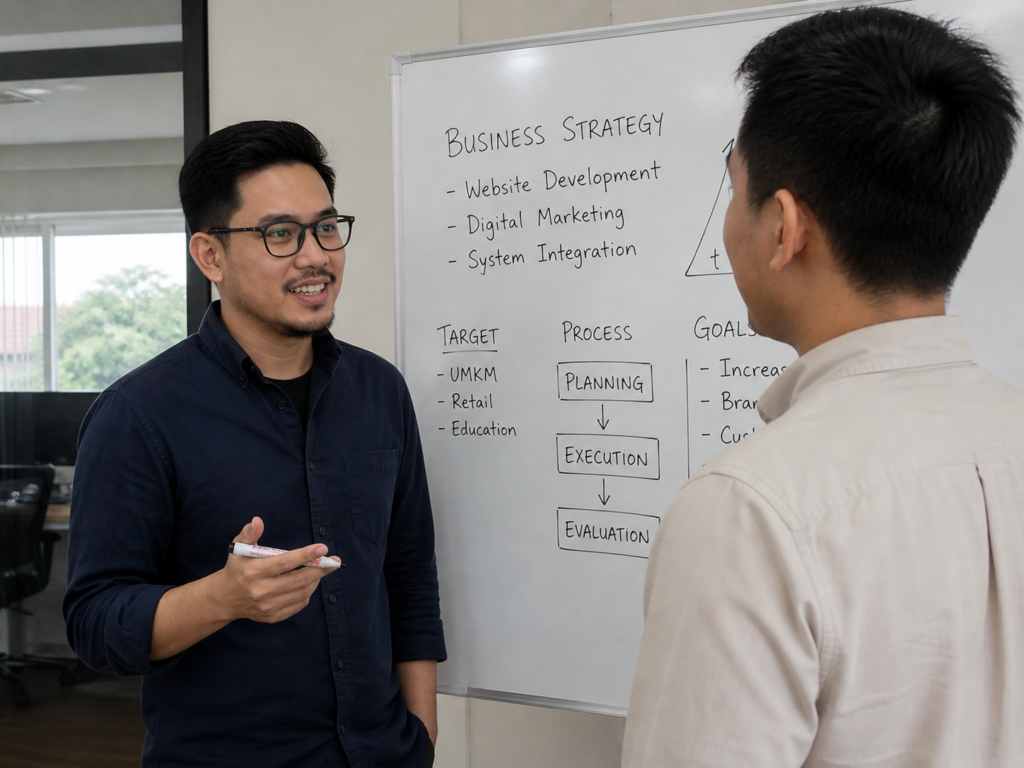 Dua orang sedang berdiskusi mengenai strategi bisnis di depan papan tulis