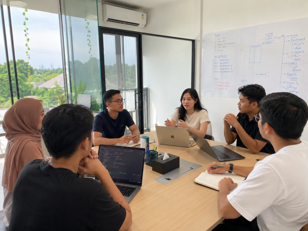 Tim pengembang software house sedang berdiskusi di kantor dengan laptop