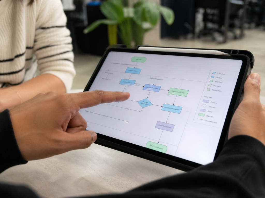 Pengembang software dan pemilik bisnis sedang berdiskusi tatap muka