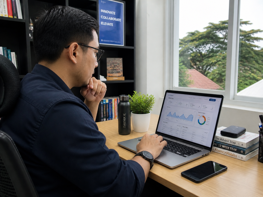 Seorang konsultan sedang mendiskusikan data bisnis di sebuah ruang kantor modern di Lampung