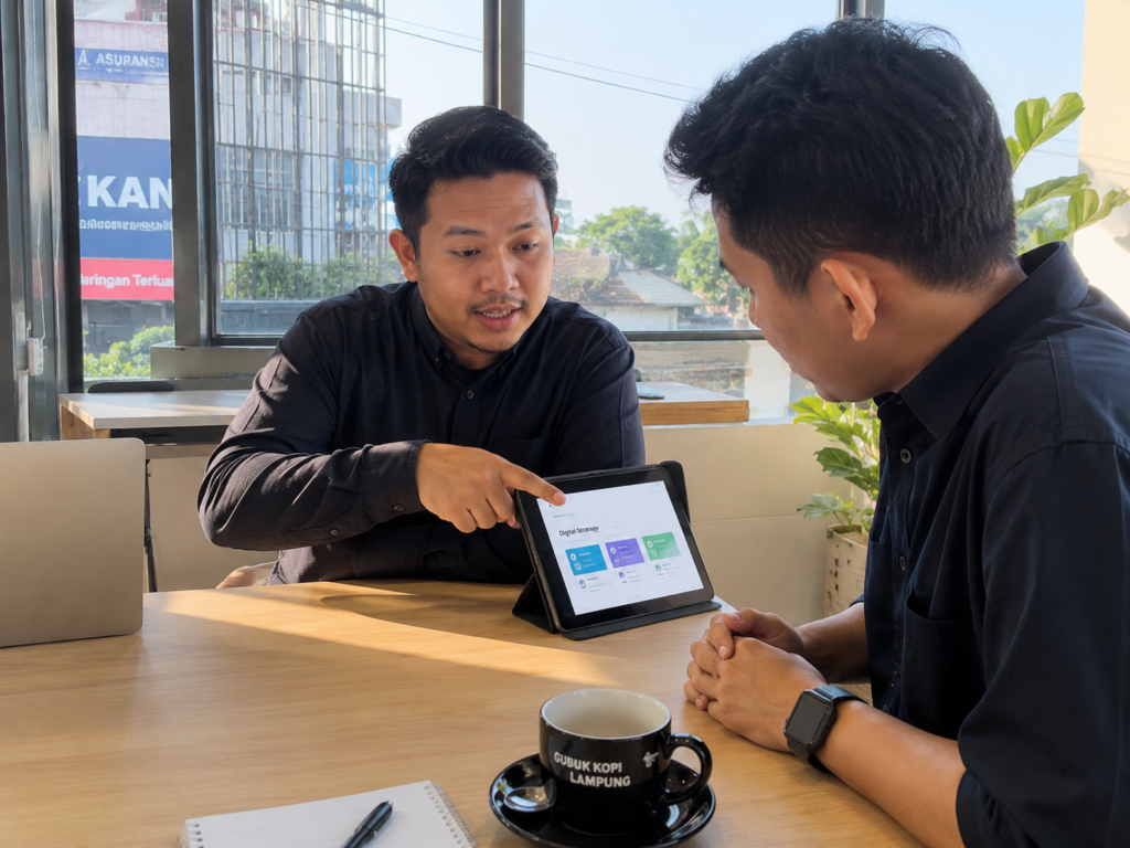Seorang konsultan IT sedang menjelaskan strategi sistem informasi kepada klien
