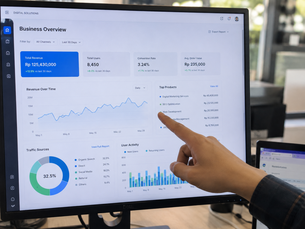 Seorang manajer memantau data dashboard operasional bisnis secara digital