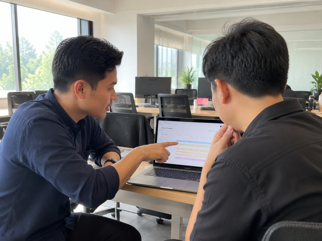 Tim profesional sedang berdiskusi mengenai roadmap strategi digital di kantor modern