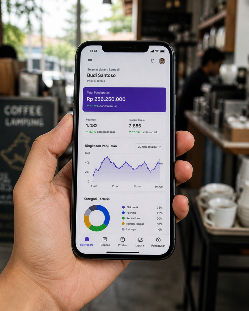 Visual antarmuka aplikasi mobile yang sedang dibuka di smartphone untuk keperluan bisnis ritel