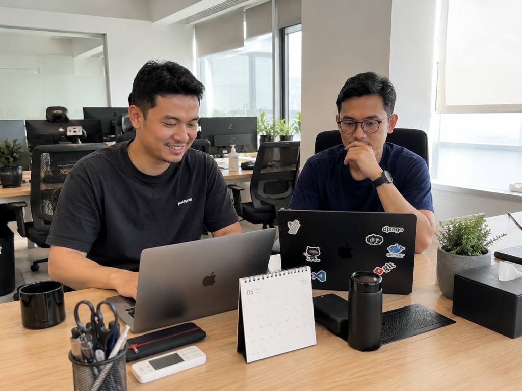 Tim developer sedang berdiskusi pengembangan software di kantor modern di Lampung